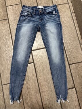 BKE Women's Blue Skinny Jeans with Frayed Ankles